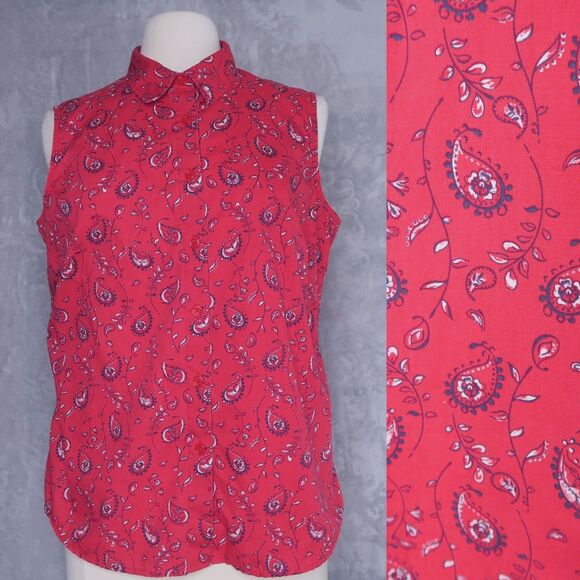 CASCADE BLUE Red Paisley Print Sleeveless Shirt Size L Collared Bandana Country - Picture 1 of 8